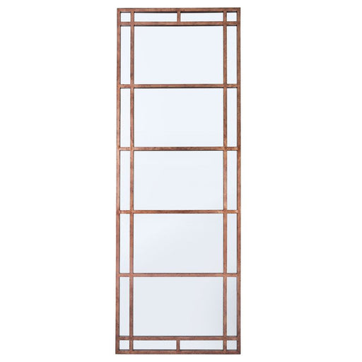 Wood-framed wall mirror featuring geometric patterns by [Brand].