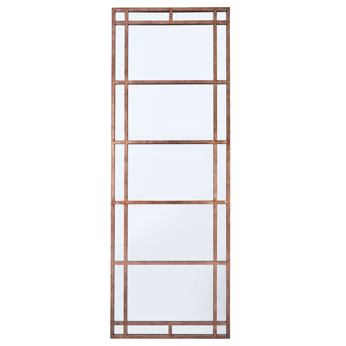 Wood-framed wall mirror featuring geometric patterns by [Brand].