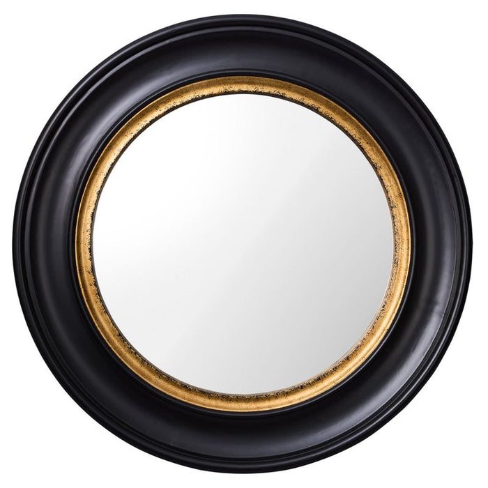 Round [Brand] mirror, black and gold frame, elegant design.