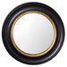 Round [Brand] mirror, black and gold frame, elegant design.