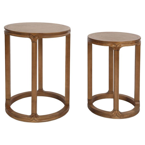 Two wooden nesting tables by [Brand], circular and elegant.