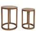 Two wooden nesting tables by [Brand], circular and elegant.
