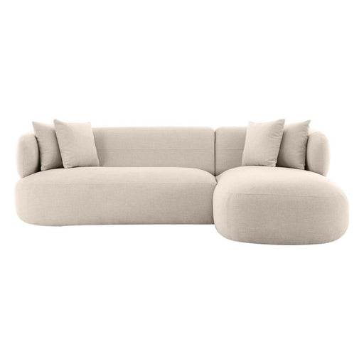 [Brand] beige sectional sofa with throw pillows, minimalist design.
