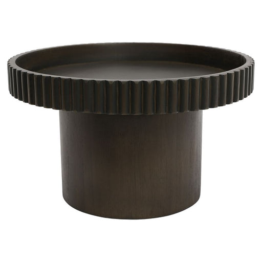 [Brand] dark wooden round table with a ribbed edge.