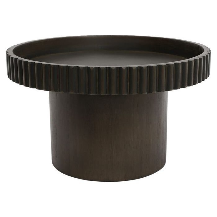 [Brand] dark wooden round table with a ribbed edge.