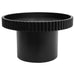 [Brand] black circular table with ribbed edging, minimalist design.
