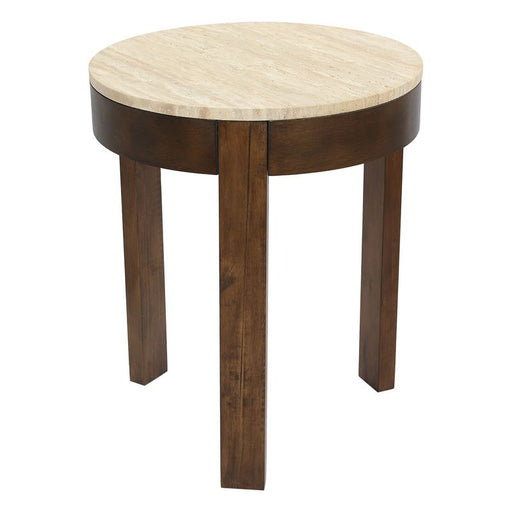 [Brand] round wooden table with light marble top surface.