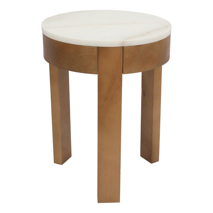 [Brand] round wooden stool with white marble top surface.
