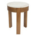 [Brand] round wooden stool with white marble top surface.