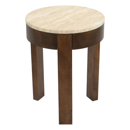[Brand] round wooden side table with marble top surface.