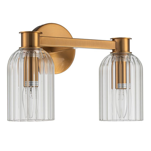 [Brand] brass wall sconce with dual ribbed glass shades.