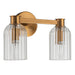 [Brand] brass wall sconce with dual ribbed glass shades.