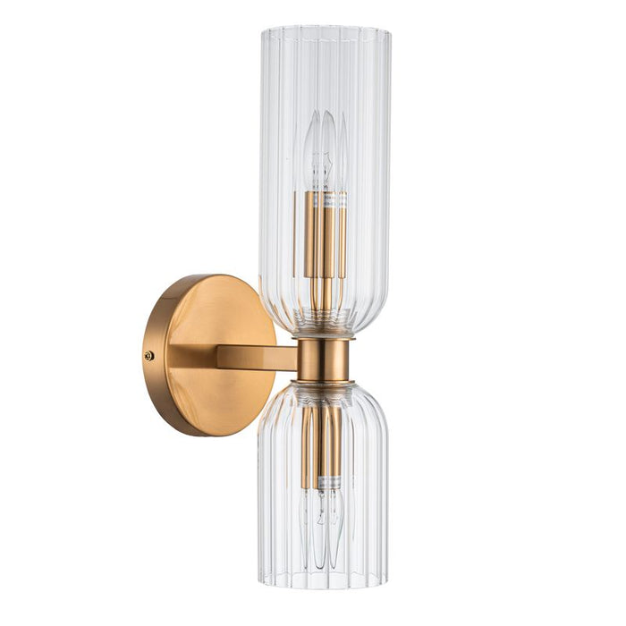 Elegant [Brand] wall sconce with glass shades, gold finish.