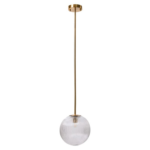 [Brand] pendant light with gold stem and ribbed globe.
