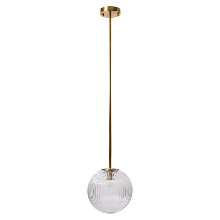 [Brand] pendant light with gold stem and ribbed globe.