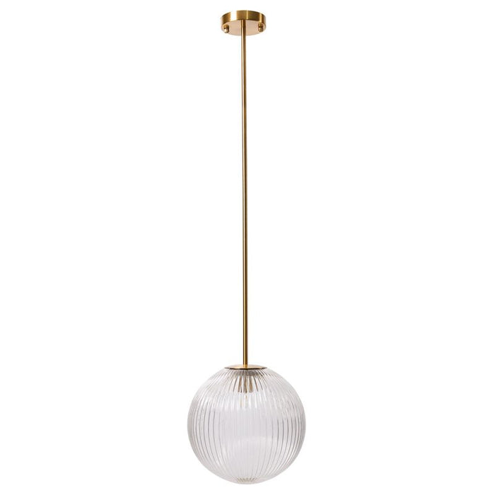 [Brand] pendant light with ribbed glass globe and brass.