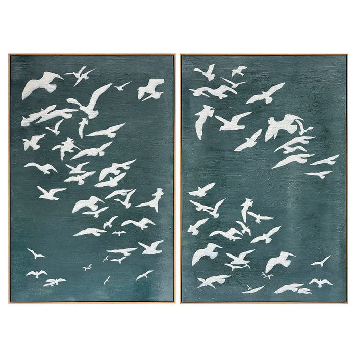 White birds flying on teal canvas by [Brand], diptych.