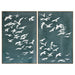 White birds flying on teal canvas by [Brand], diptych.