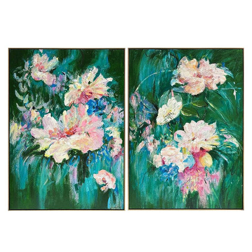 Colorful floral paintings on green backgrounds by [Brand].