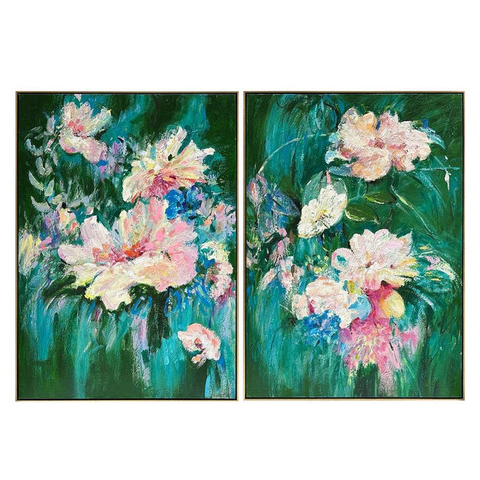 Colorful floral paintings on green backgrounds by [Brand].