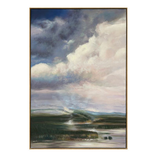 Landscape painting with dramatic sky, featuring lush greenery. [Brand]