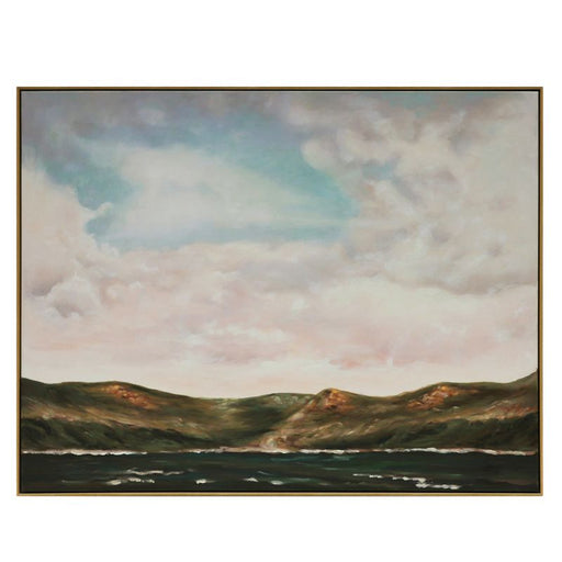 Landscape painting featuring moody sky and hills, [Brand].