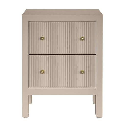 [Brand] beige nightstand with two drawers and gold knobs.