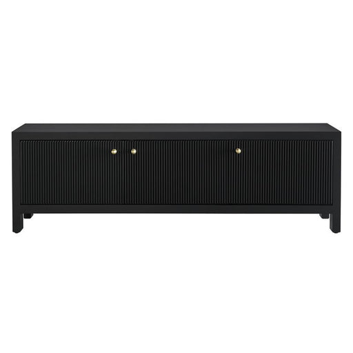 Black media console by [Brand] featuring fluted doors, modern design.