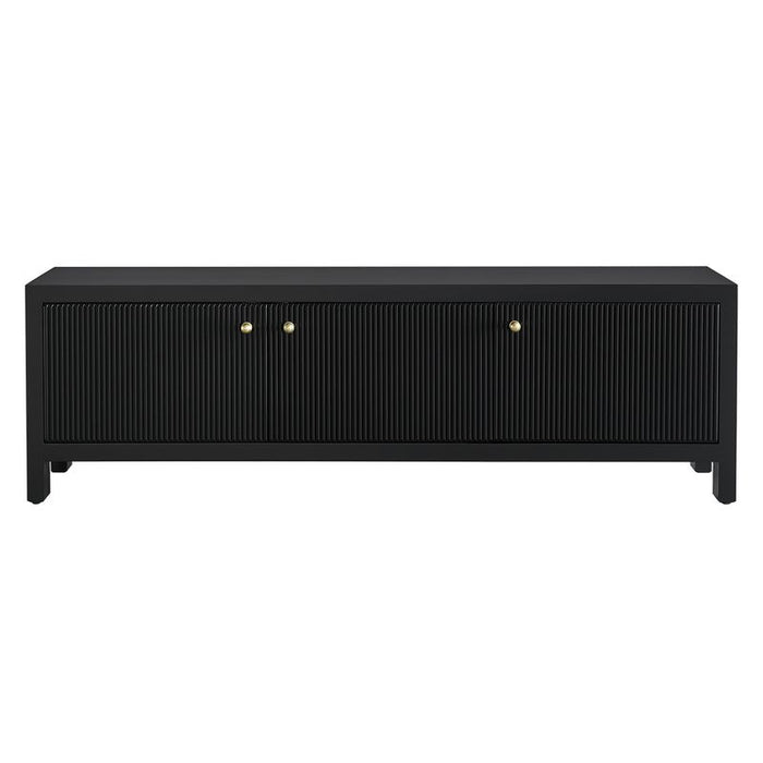 Black media console by [Brand] featuring fluted doors, modern design.