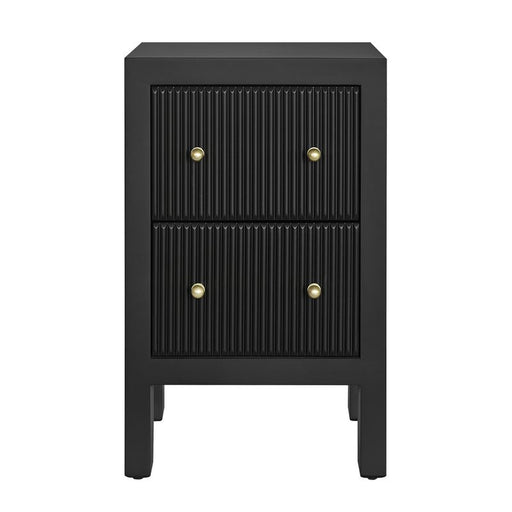 [Brand] black nightstand with two drawers and gold knobs.