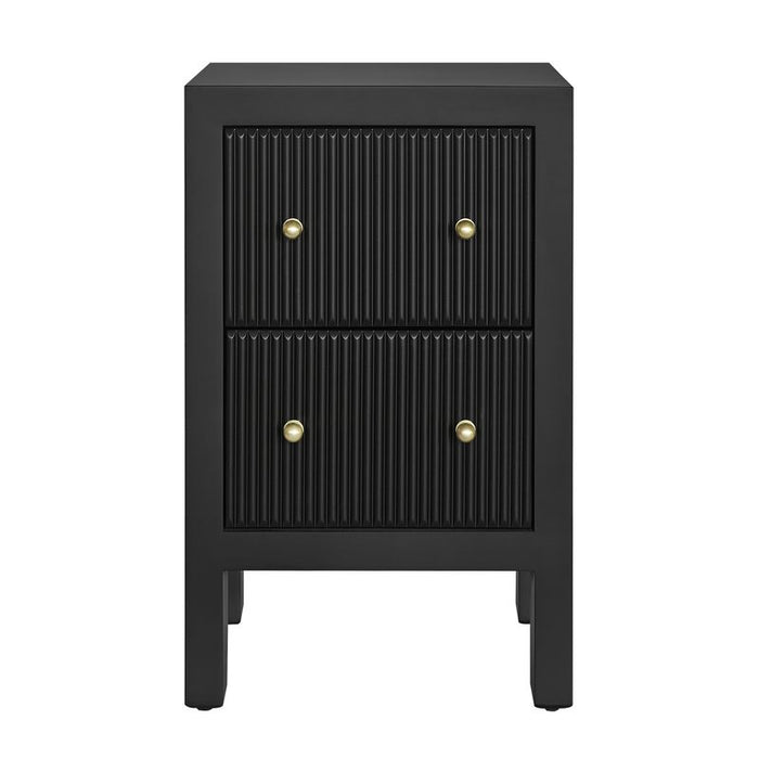 [Brand] black nightstand with two drawers and gold knobs.