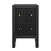[Brand] black nightstand with two drawers and gold knobs.