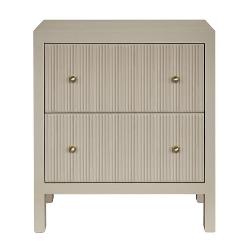 [Brand] beige nightstand with two ribbed drawers, brass knobs.