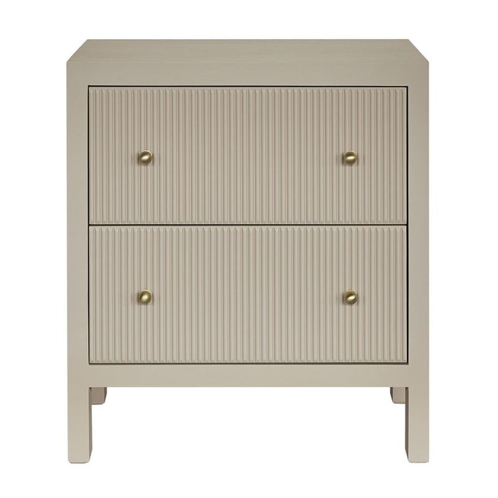 [Brand] beige nightstand with two ribbed drawers, brass knobs.