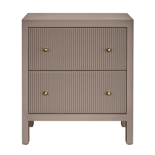 [Brand] taupe nightstand with ribbed drawers and brass knobs.