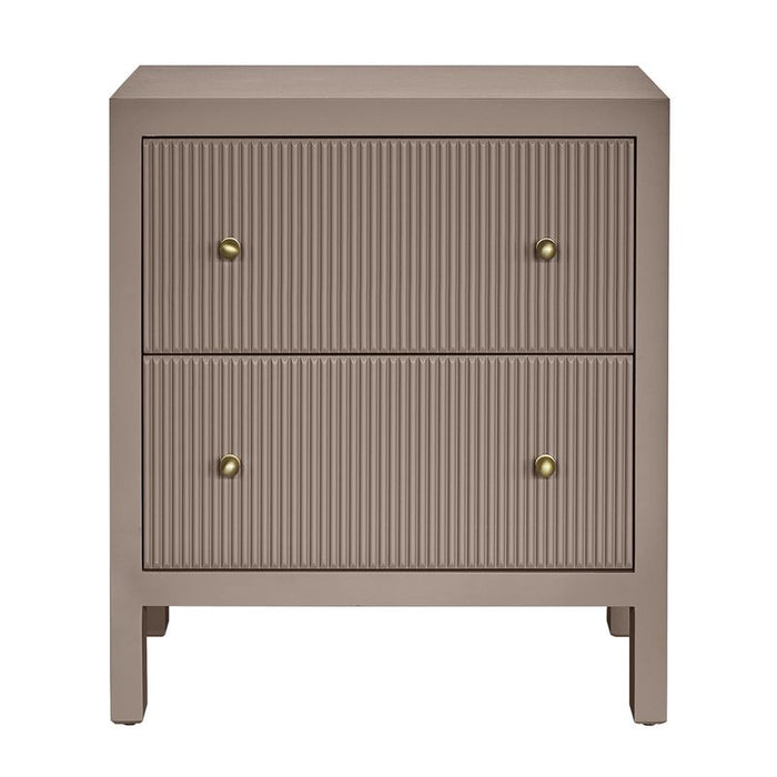 [Brand] taupe nightstand with ribbed drawers and brass knobs.