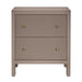 [Brand] taupe nightstand with ribbed drawers and brass knobs.