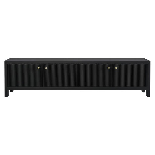 [Brand] black TV stand with ridged doors, gold knobs.