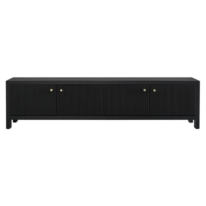 [Brand] black TV stand with ridged doors, gold knobs.