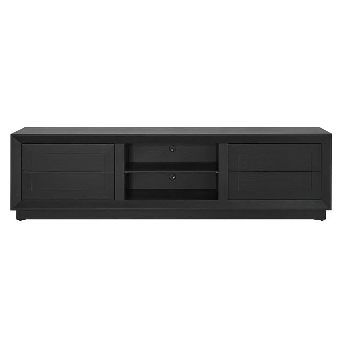 Black wooden TV stand with drawers and shelves, [Brand].