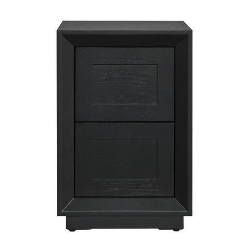 [Brand] black wooden nightstand with two drawers, modern design.