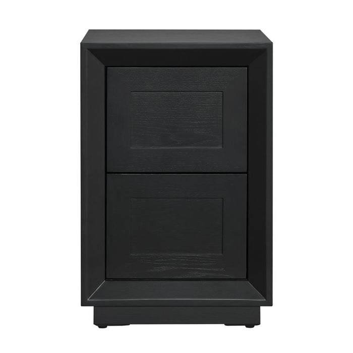 [Brand] black wooden nightstand with two drawers, modern design.