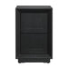 [Brand] black wooden nightstand with two drawers, modern design.