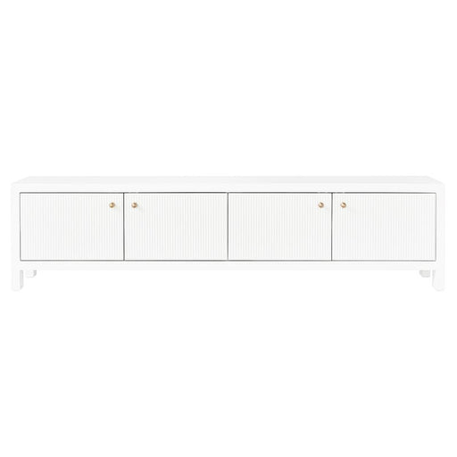 [Brand] white sideboard with fluted doors and gold handles.