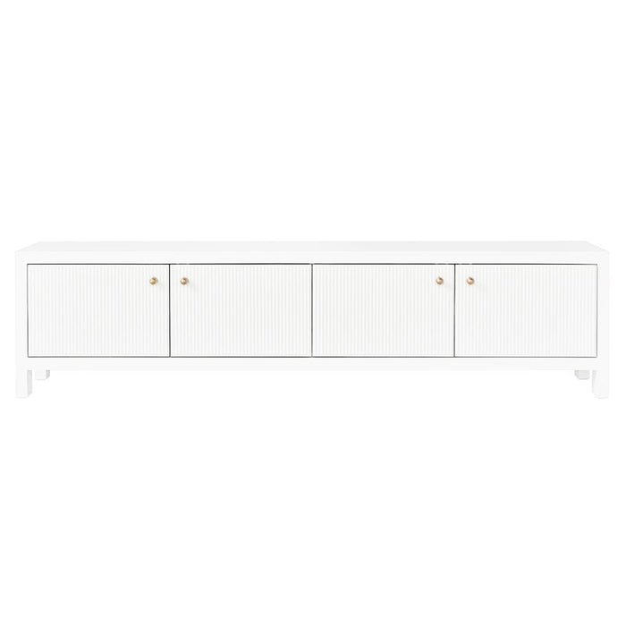 [Brand] white sideboard with fluted doors and gold handles.