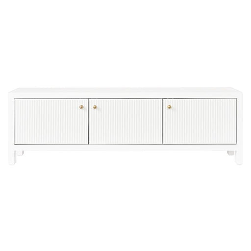 [Brand] white sideboard with ribbed doors and gold handles.