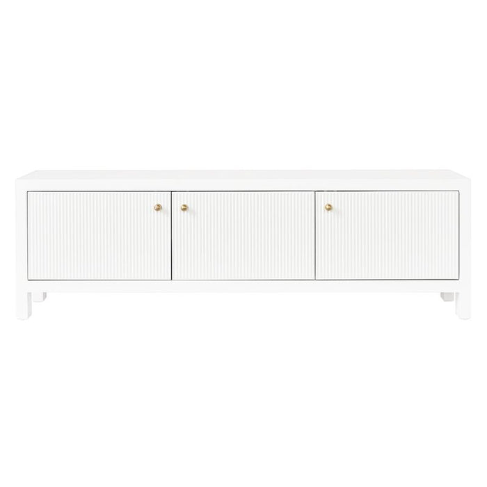 [Brand] white sideboard with ribbed doors and gold handles.