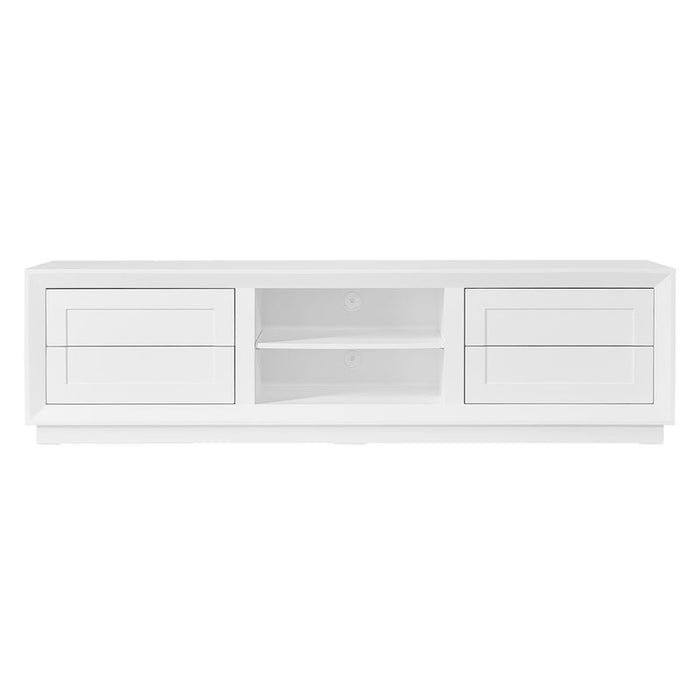 White [Brand] TV stand with shelves and drawers. Sleek design.