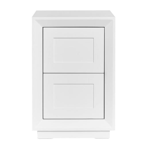 [Brand] modern white nightstand with two drawers, minimalist design.