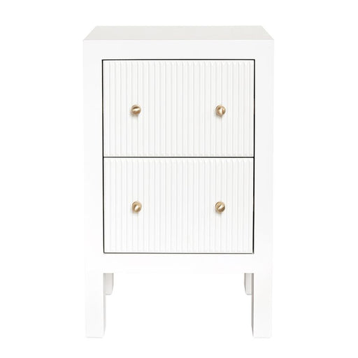 [Brand] white nightstand with two drawers and gold knobs.